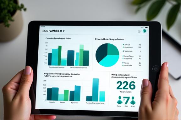 A tablet displaying sustainability data charts.