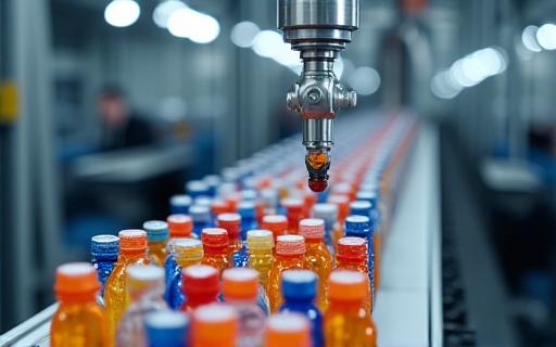 A robotic arm sorting plastic bottles from a conveyor.
